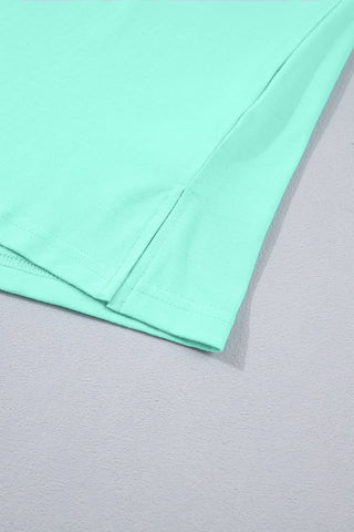 Mint Green Solid Color V Neck Short Puff Sleeve Blouse