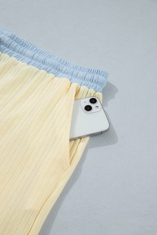 Yellow Cream Plus Size Ribbed Color Block Trim Drawstring Shorts 2pcs Set, Dear-Lover Dropshipping - A Blissfully Beautiful Boutique