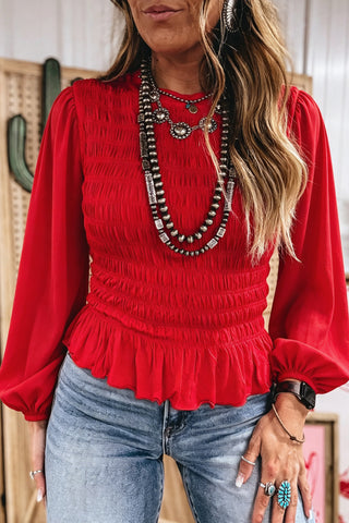 Jet Stream Solid Color Smocked Ruffle Hem Long Sleeve Blouse
