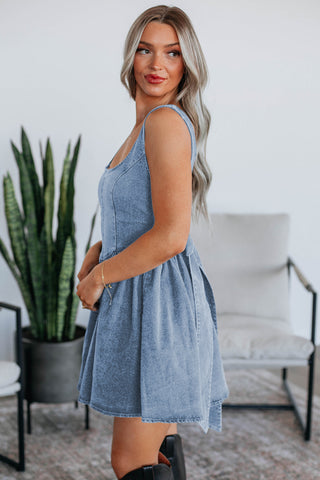 Myosotis Square Neck Bowknot A-line Sleeveless Denim Dress