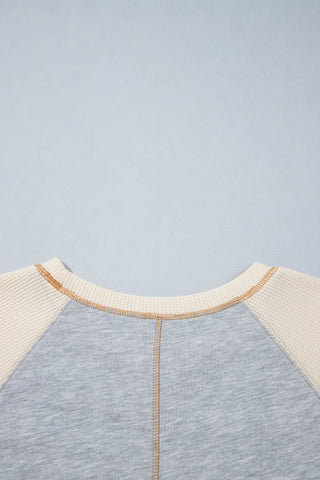 Light Grey Color Block Floral Waffle Mixed Patchwork Long Sleeve Top