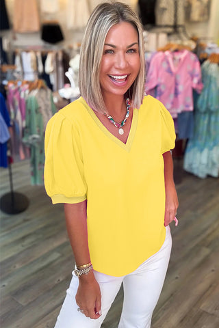 Yellow Solid Color V Neck Short Puff Sleeve Blouse, Dear-Lover Dropshipping - A Blissfully Beautiful Boutique