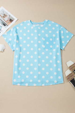 Sky Blue Twisted Rib Polka Dot Print Plus Size T Shirt, Dear-Lover Dropshipping - A Blissfully Beautiful Boutique