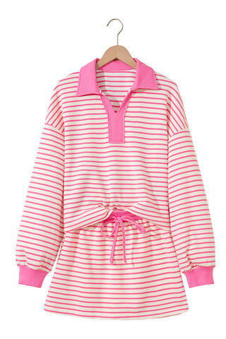 Pink Stripe Collared V Neck Drop Shoulder Pullover and Skort 2pcs Outfit