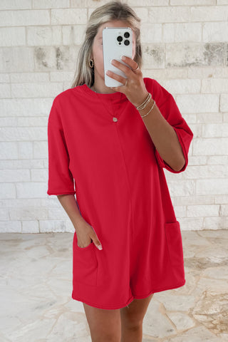 Fiery Red Solid Color Raw Edge Half Sleeve Pocketed Loose Romper, Dear-Lover Dropshipping - A Blissfully Beautiful Boutique