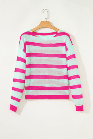Green Stripe Round Neck Casual Sweater