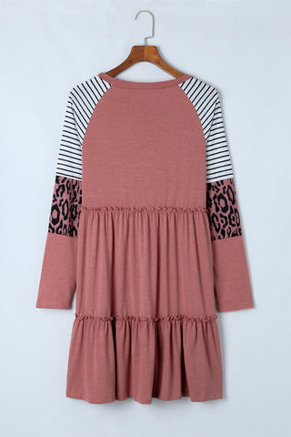 Pink Striped Leopard Patchwork Long Sleeve Mini Dress