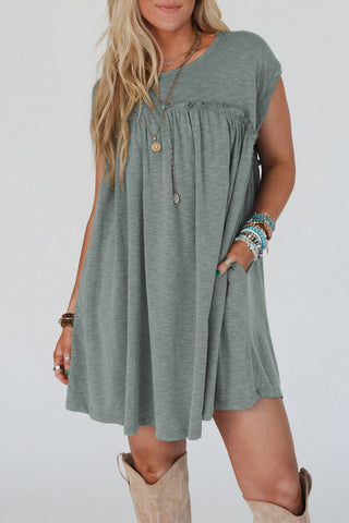 Mist Green Frilled Gathered Seam Round Neck T Shirt Dress