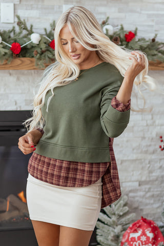 Moss Green Vintage Plaid Patchwork Drop Shoulder Sweatshirt, Dear-Lover Dropshipping - A Blissfully Beautiful Boutique