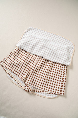 Red Gingham Oversized Ribbed Trim Crew Neck Long Sleeve Top and Skort Set