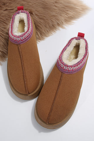 Chestnut Suede Contrast Print Round Toe Plush Lined Flats, Dear-Lover Dropshipping - A Blissfully Beautiful Boutique