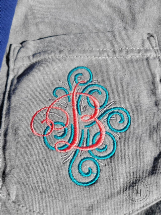 Comfort Color Swirly Fancy Single Letter Monogram Embroidered Pocket Tee, Merch Girls - A Blissfully Beautiful Boutique