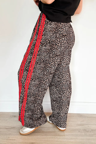Brown Wild Leopard Print Contrast Lace Striped Detail Drawstring Pants, Dear-Lover Dropshipping - A Blissfully Beautiful Boutique