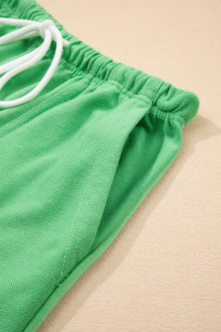 Mint Green V Neck Drop Shoulder Tee and Patchwork Drawstring Shorts Set