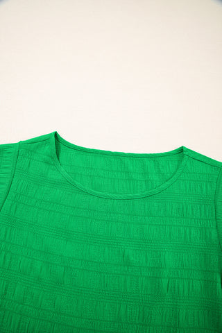 Dark Green Textured Ruffled Sleeve Round Neck Top