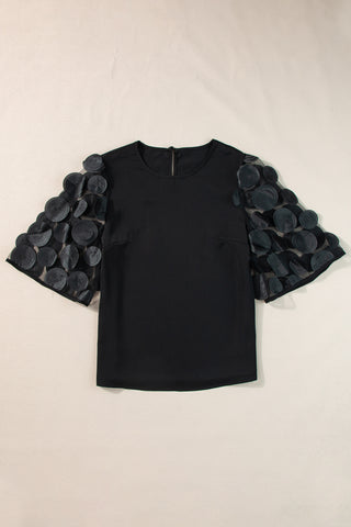 Black Contrast Applique Mesh Half Sleeve Blouse