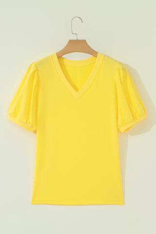 Yellow Solid Color V Neck Short Puff Sleeve Blouse