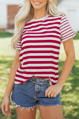 Red Stripe Patchwork Round Neck T Shirt, Dear-Lover Dropshipping - A Blissfully Beautiful Boutique