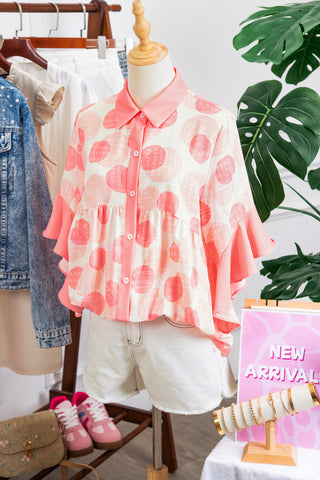 Pink Double Polka Dot Printed Ruffle Trim Short Sleeve Babydoll Shirt, Dear-Lover Dropshipping - A Blissfully Beautiful Boutique