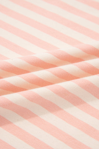 Pink Stripe Contrast Neck Loose Tee and Drawstring Shorts Set