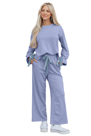 Beau Blue Flounce Long Sleeve Top Drawstring Pants Contrast Velvet Bow Knot 2pcs Lounge Set, Dear-Lover Dropshipping - A Blissfully Beautiful Boutique