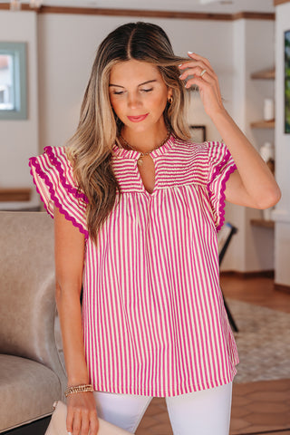 Rose Stripe Shirred Yoke Ruffled Short Sleeve Blouse, Dear-Lover Dropshipping - A Blissfully Beautiful Boutique