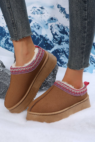 Chestnut Suede Contrast Print Round Toe Plush Lined Flats, Dear-Lover Dropshipping - A Blissfully Beautiful Boutique