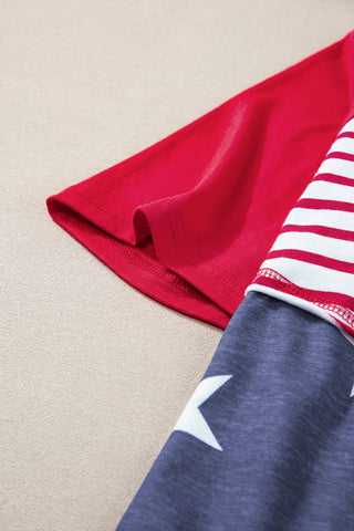 Fiery Red Stars and Stripes Print Drawstring Hooded T Shirt