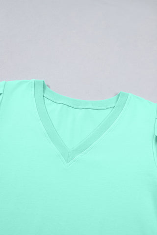 Mint Green Solid Color V Neck Short Puff Sleeve Blouse