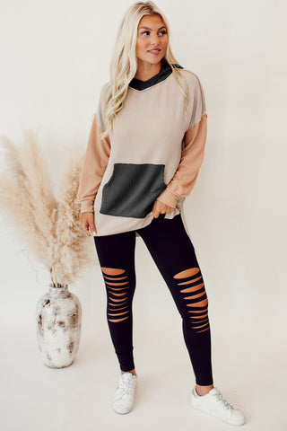 Smoke Gray Color Block High Low Textured Hoodie