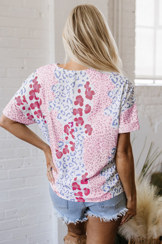 Pink Mixed Leopard Print V Neck Short Sleeve Blouse, A Blissfully Beautiful Boutique - A Blissfully Beautiful Boutique