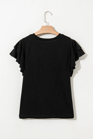 Black Layered Ruffle Short Sleeve Round Neck Top