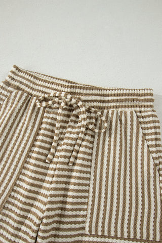 Brown Stripe Breathable Textured Knit Short 2pcs Set, Dear-Lover Dropshipping - A Blissfully Beautiful Boutique