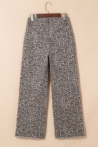 Brown Leopard Frayed Edge Wide Leg High Waist Jeans