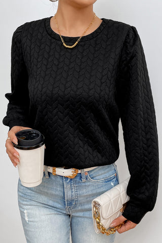 Black Cable Textured Puff Sleeve Sweatshirt