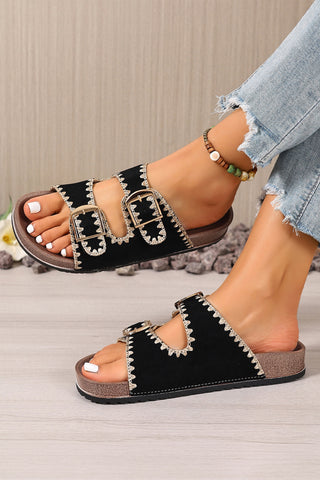 Black Embroidered Trim Retro Buckle Faux Suede Slippers, Dear-Lover Dropshipping - A Blissfully Beautiful Boutique
