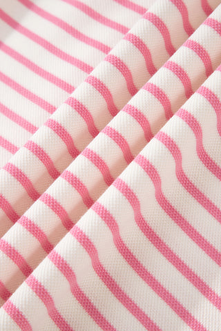 Pink Stripe Color Block Patchwork Polo Tee Drawstring Elastic Waist 2pcs Skort Set, Dear-Lover Dropshipping - A Blissfully Beautiful Boutique