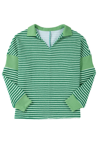 Green Stripe Turn-Down V Neck Patchwork Loose Top