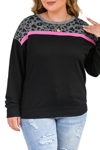 Black Leopard Colorblock Long Sleeve Plus Size Top