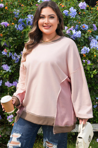 Light Pink Plus Color Block Waffle Patchwork Exposed Seam Baggy Sweatshirt, Dear-Lover Dropshipping - A Blissfully Beautiful Boutique