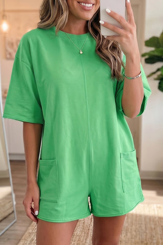 Bright Green Solid Color Raw Edge Half Sleeve Pocketed Loose Romper, Dear-Lover Dropshipping - A Blissfully Beautiful Boutique