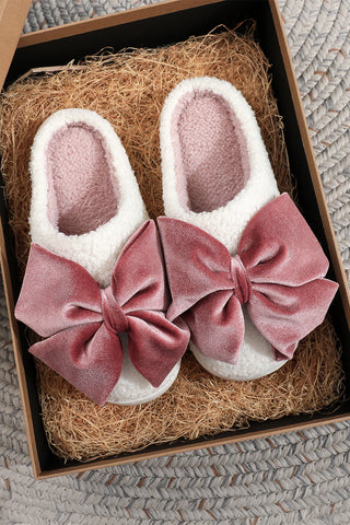 White Glister Ribbon Bow Decor Contrast Liner Plush Slippers, Dear-Lover Dropshipping - A Blissfully Beautiful Boutique