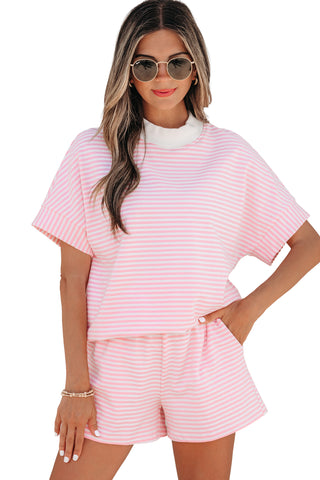 Pink Stripe Cuffed Sleeve Contrast Mock Neck Tee Casual 2pcs Short Set, Dear-Lover Dropshipping - A Blissfully Beautiful Boutique