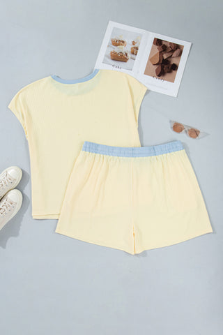 Yellow Cream Plus Size Ribbed Color Block Trim Drawstring Shorts 2pcs Set, Dear-Lover Dropshipping - A Blissfully Beautiful Boutique