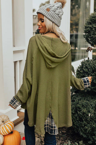 Green Flowy Plaid Accent Waffle Knit Henley Hoodie