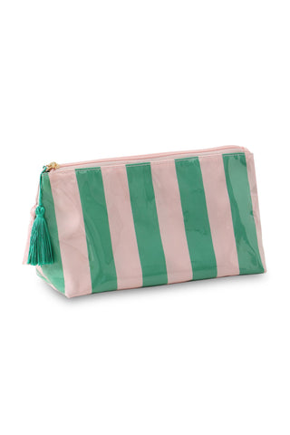 Dark Green Striped Vinyl Waterproof Tassel Zipper Makeup Bag, Dear-Lover Dropshipping - A Blissfully Beautiful Boutique