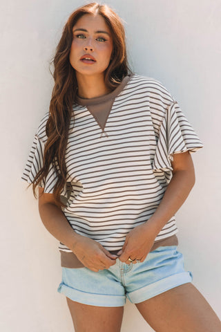 Parchment Contrast Detail Striped Ruffle Short Sleeve Top, A Blissfully Beautiful Boutique - A Blissfully Beautiful Boutique