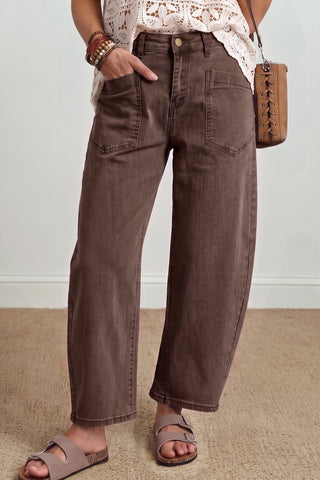 Coffee Solid Color Square Patch Pocket Ankle-length Barrel Jeans