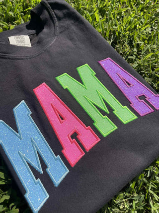 Mama Varsity Multicolor Neon Glitter Applique Embroidered Shirt, Merch Girls - A Blissfully Beautiful Boutique