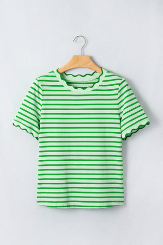 Green Stripe Scalloped Trim Round Neck T Shirt